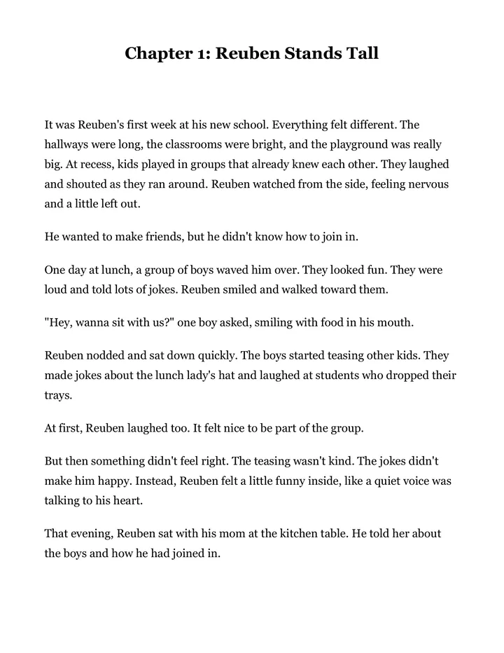 The first page of Chapter 1, Reuben Stands Tall, where Reuben watches recess from the side during his first week.