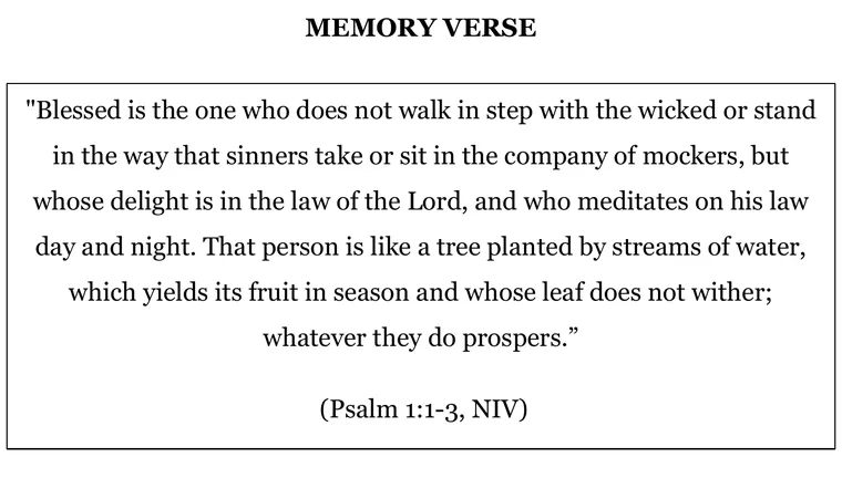Close up of the Memory Verse box with Psalm 1:1 to 3 from the New International Version.